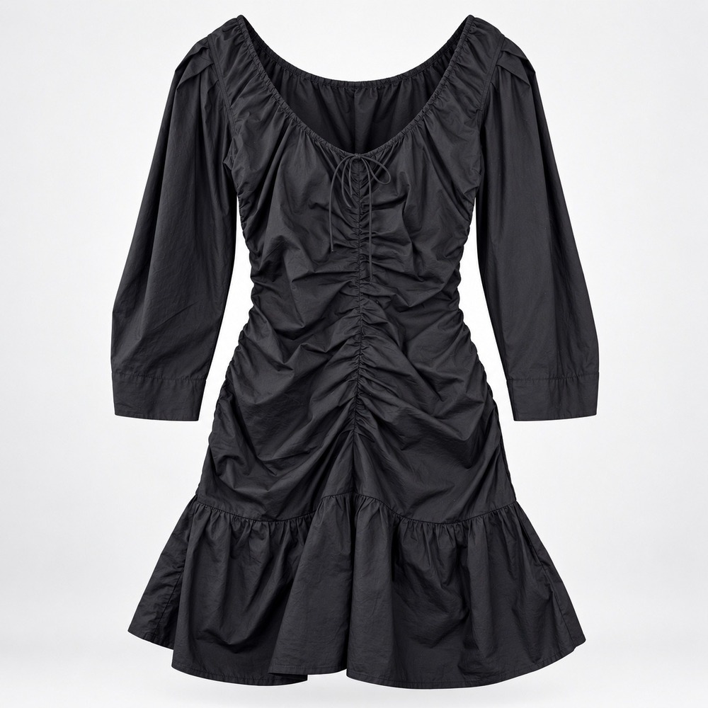 Ganni Mini Dress Women 38 Black Ruched Ruffle Hem Scandi Chic Organic Cotton LBD